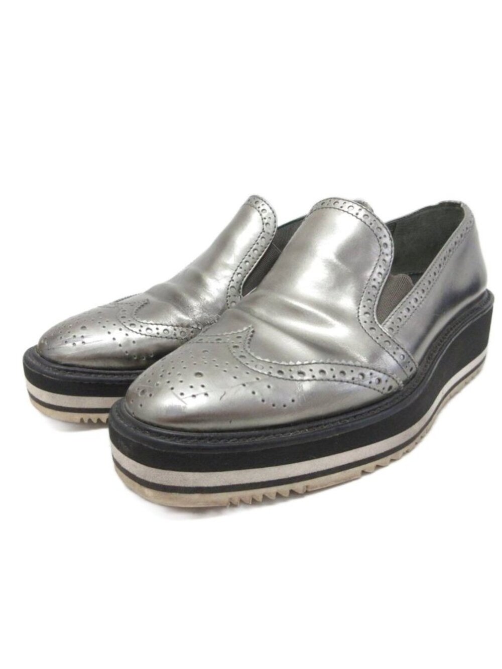 Prada Loafers Slip on Wingtip Platform Silver 36